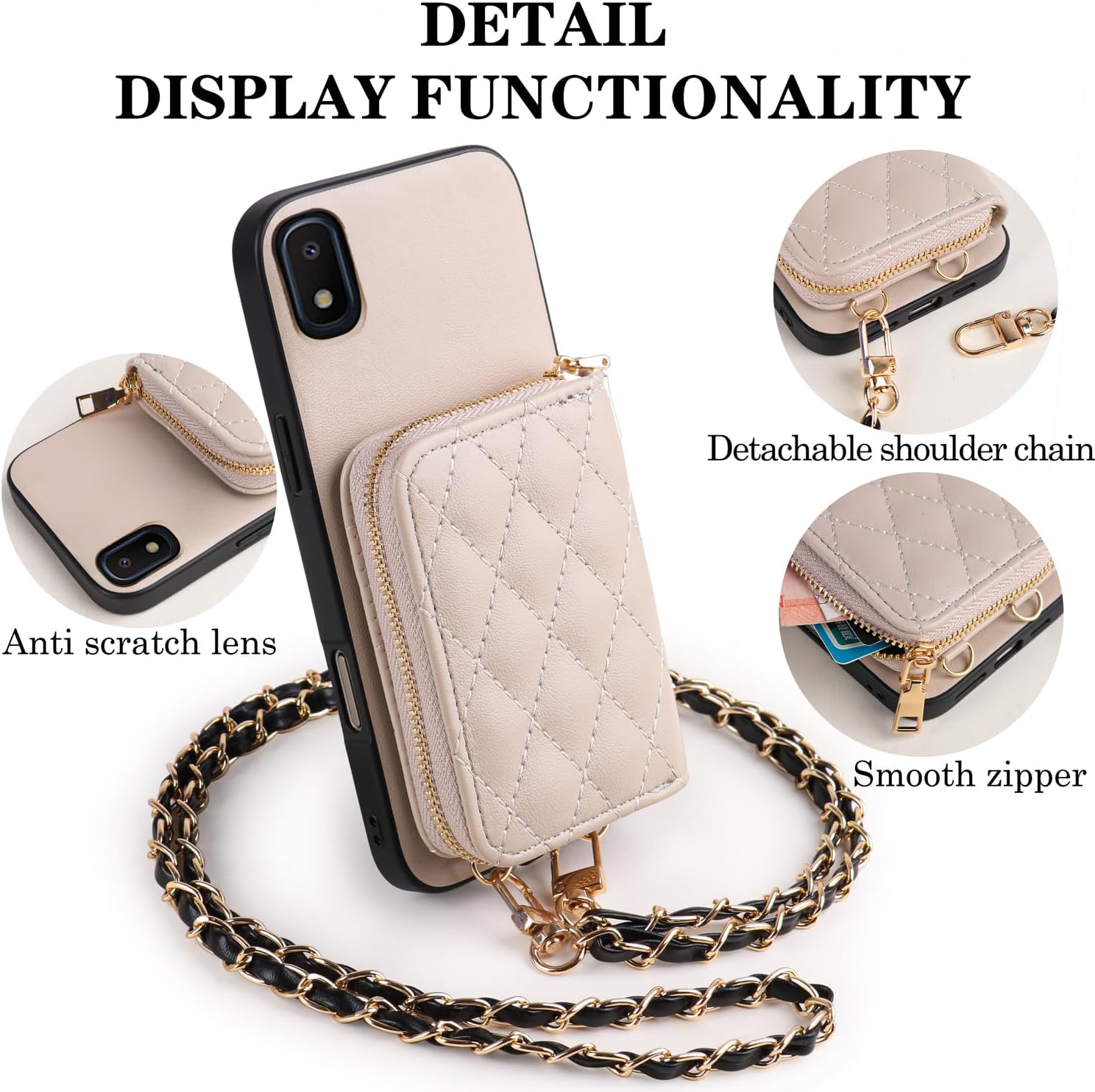 Argyle Wallet Cover for Samsung Galaxy A10 with Screen Protector Shoulder Strap, Luxury PU Leather Zipper Organ Card Holder Stand Phone Case for A 10 10A SM A105M 6.2 inch Women Girls Khaki