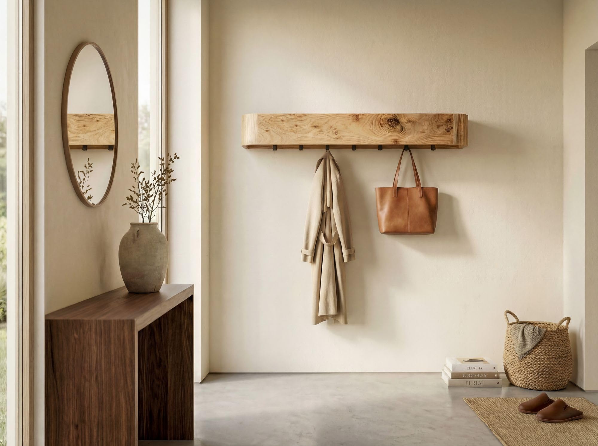 FineBuy Wieszak Ścienny 100x20x20 cm Lite Drewno Akacjowe, 7 Haczyki | organiczny panel garderobiany w stylu skandynawskim, wieszak ścienny z drewna, listwa z haczykami ręcznie wykonana