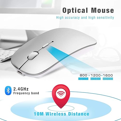 Miniatura 2 de Mouse Bluetooth para portátil/iPad/iPhone/Mac (iOS 13.1.2 y superior)/PC Android, mouse inalámbrico delgado recargable por USB, silencioso,