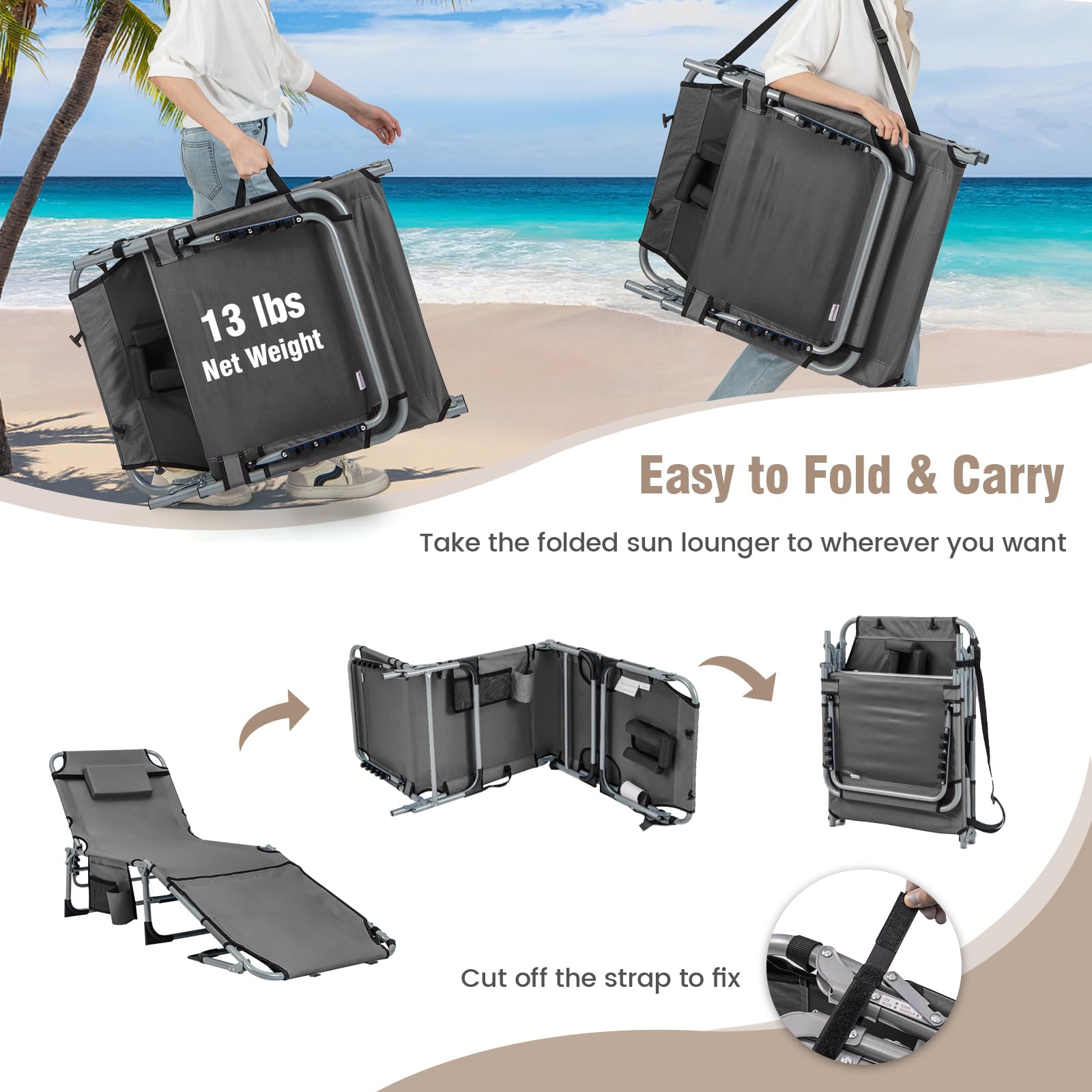 GIANTEX Silla de Bronceado Plegable con Agujeros para la Cara y Las Sisas, Silla Reclinable en 5 Posiciones, para Exteriores, con Cojín y Bolsillo Lateral, Tumbona de Camping con Correa (Gris)