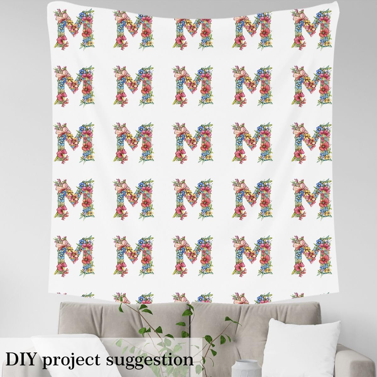 Loussiesd Flanne florale Tissu 460x150cm lettre initiale douce M Tissus au Metre pour coussin de chaise de canapé Décor imprimé botanique pour projets d'artisanat de couture bricolage