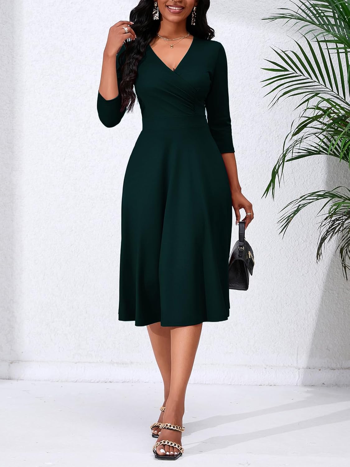 Women's Casual Wrap Flared Midi Dress - A-Line Swing V-Neck 3/4 Sleeve Dress for Wedding Guest & Cocktail Tea Party - Image 6