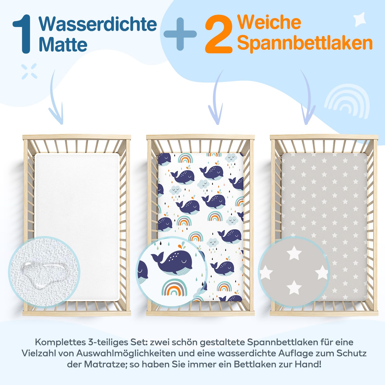 Baby Spannbettlaken 70 x140cm, 3er Set Spannbetttuch für Babybett & Kinderbet, 2X Spannbettlaken Oeko-Tex Standard 100, 1X Matratzenschoner aus 100% wasserdichtem (Wal + Grauer Stern)