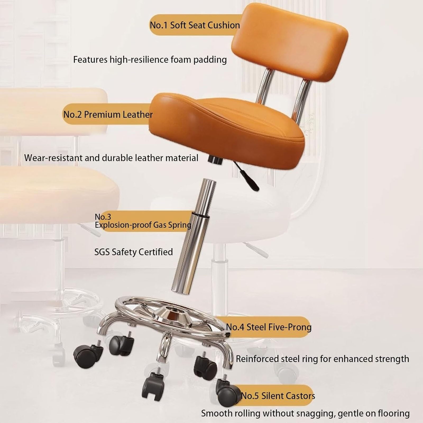 Höhenverstellbarer Rollhocker mit Rückenstütze und Fußstütze, ergonomischer Zeichenstuhl für Büro, Küche, Medizin, Zahnarzt, Labor, Zuhause