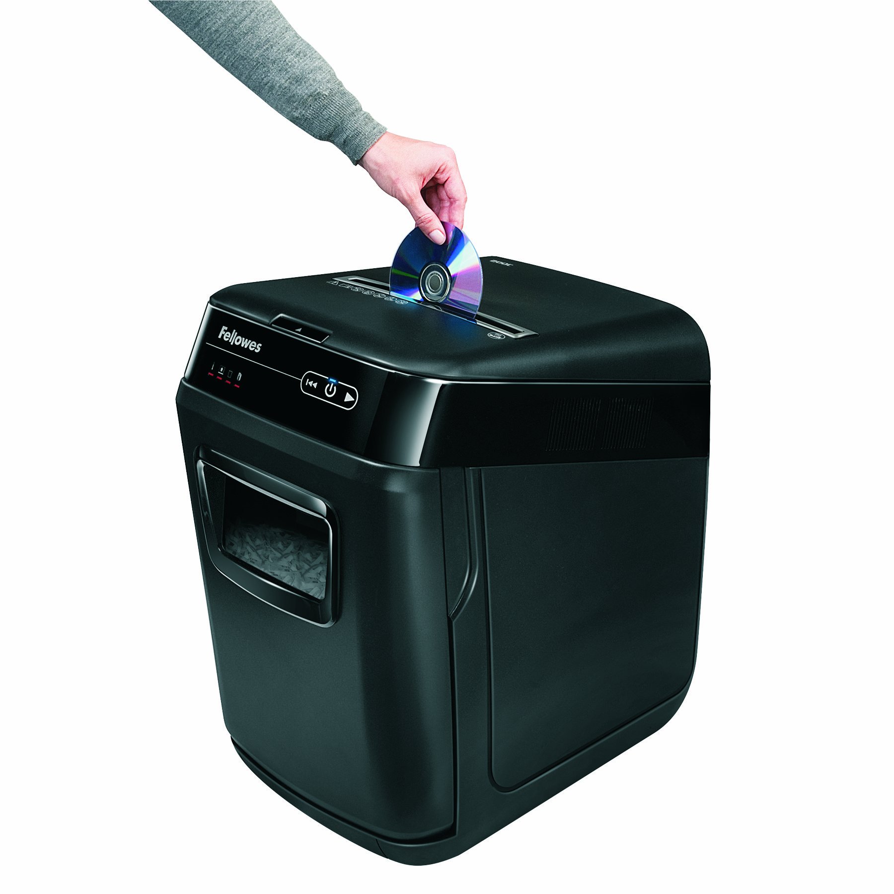 Fellowes Autofeed niszczarka do dokumentów Automax 200C, 4 x 38 mm cięcie cząstek (P-4), 200 arkuszy, dla 1-3 użytkowników w biurze lub domowym biurze, cicha praca dzięki SilentShred, niszczenie płyt