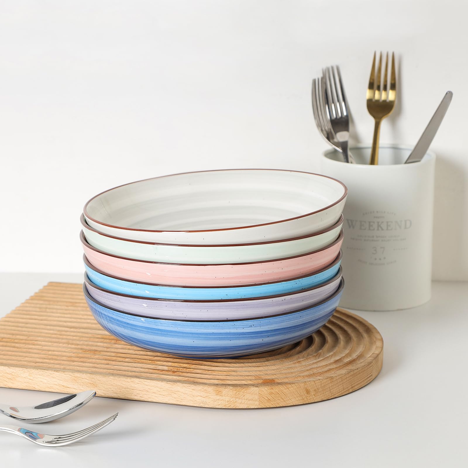 KitchenTour - Juego de 6 cuencos grandes para pasta de 34 onzas, cuencos de cerámica para servir ensaladas, 8.6 pulgadas de ancho y poco profundo para sopa, aptos para lavavajillas y microondas,