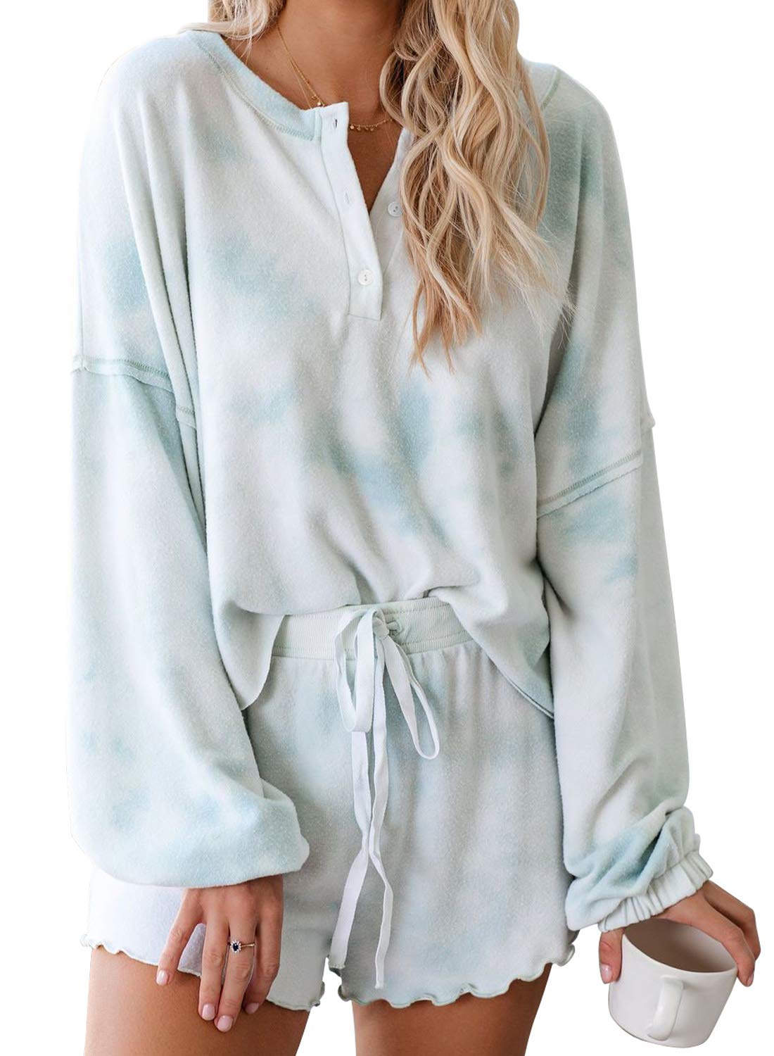 Womens Tie Dye Ruffle Short Pajamas Set Long Sleeve Tee Short Pants PJ Set Loungewear Nightwear Sleepwear
