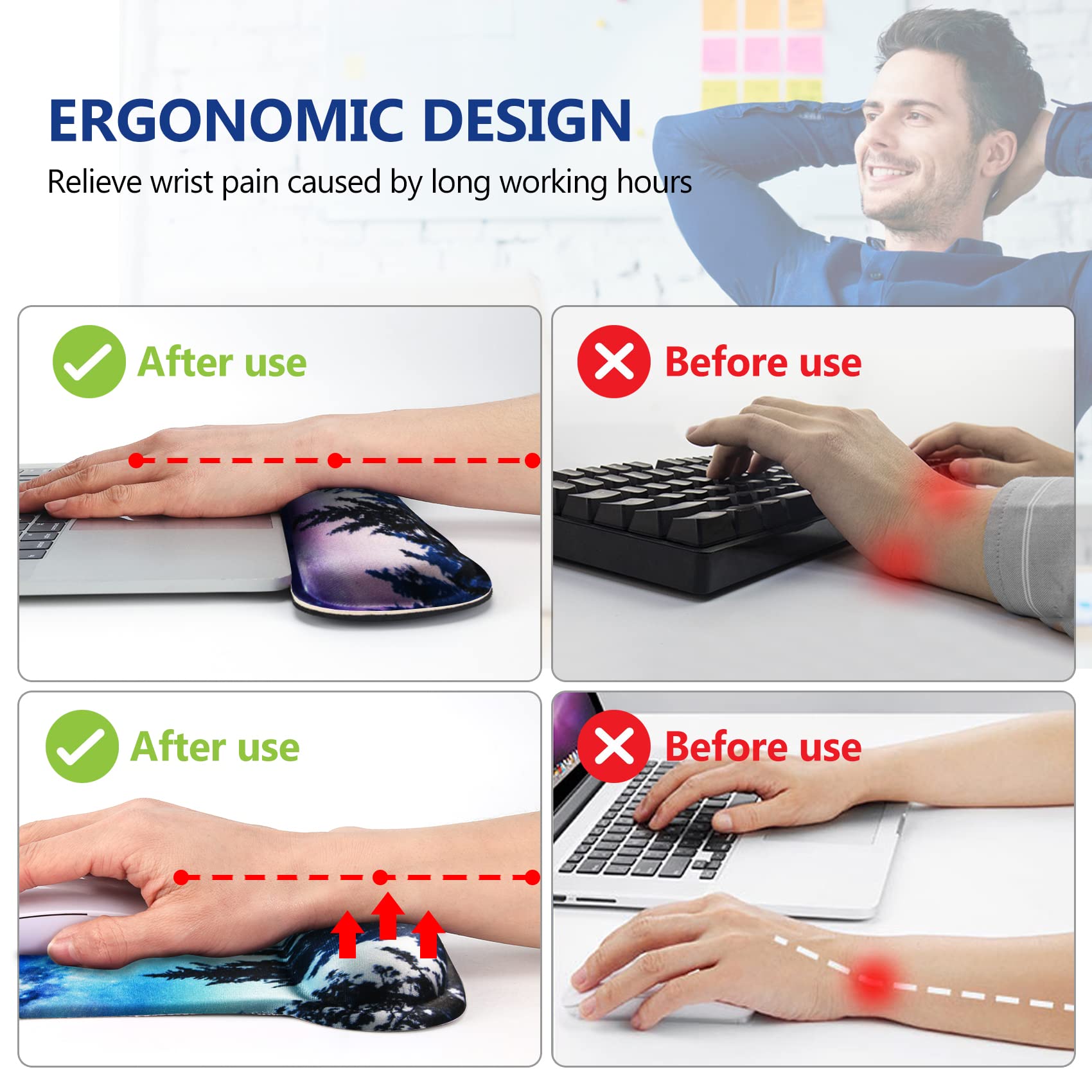 AIMSA Reposamuñecas ergonómico para teclado y alfombrilla para mouse con soporte de muñeca, base de goma antideslizante de espuma viscoelástica, para juegos, trabajo, hogar, oficina, fácil escritura