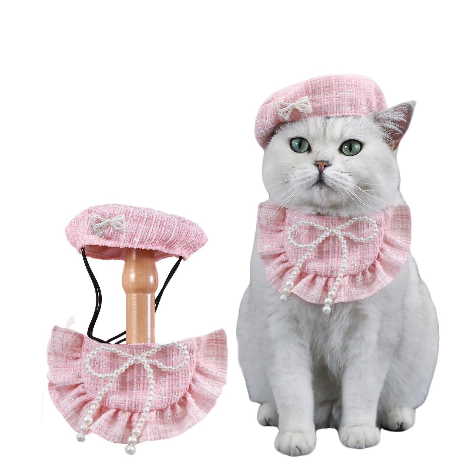 Béret pour chat haut de gamme avec perle rose et détails camélia pour costume