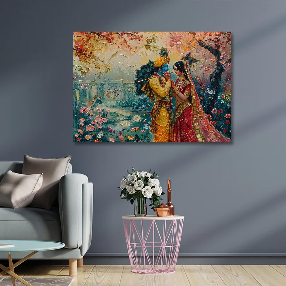 7 Colours Decors Canvas Painting Wall Frame | Divine Radha Krishna Floral Garden Art | Vibrant Mythological Eternal Love Scene with Impressionist Texture for Living Room and Office Decor (36 x 24 Inches)-image-9