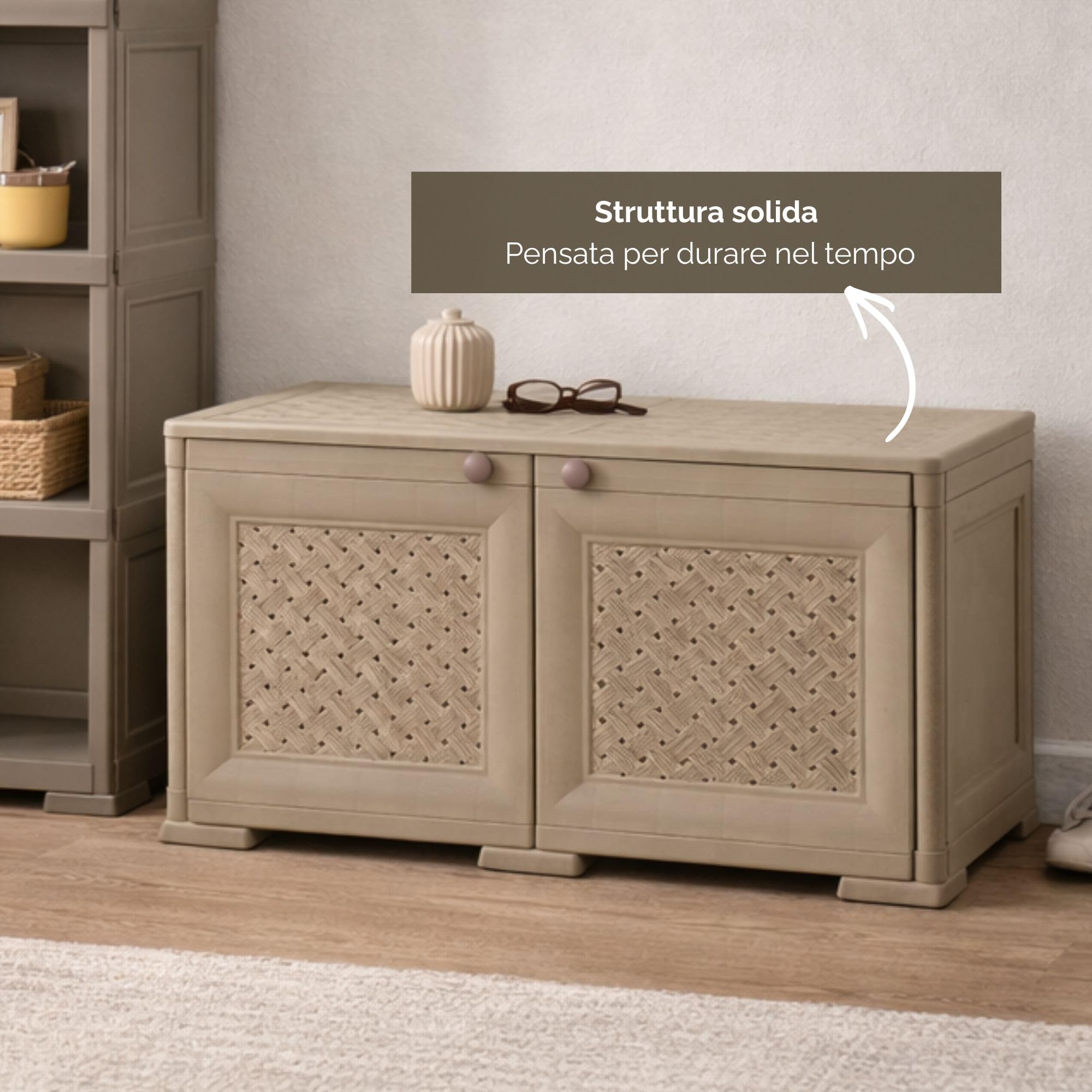Armadio Contenitore in Plastica con Ante Traforate – Mobile Decorativo per Organizzazione Casa e Zona Living (Taupe, 79 x 43 x 46 cm)