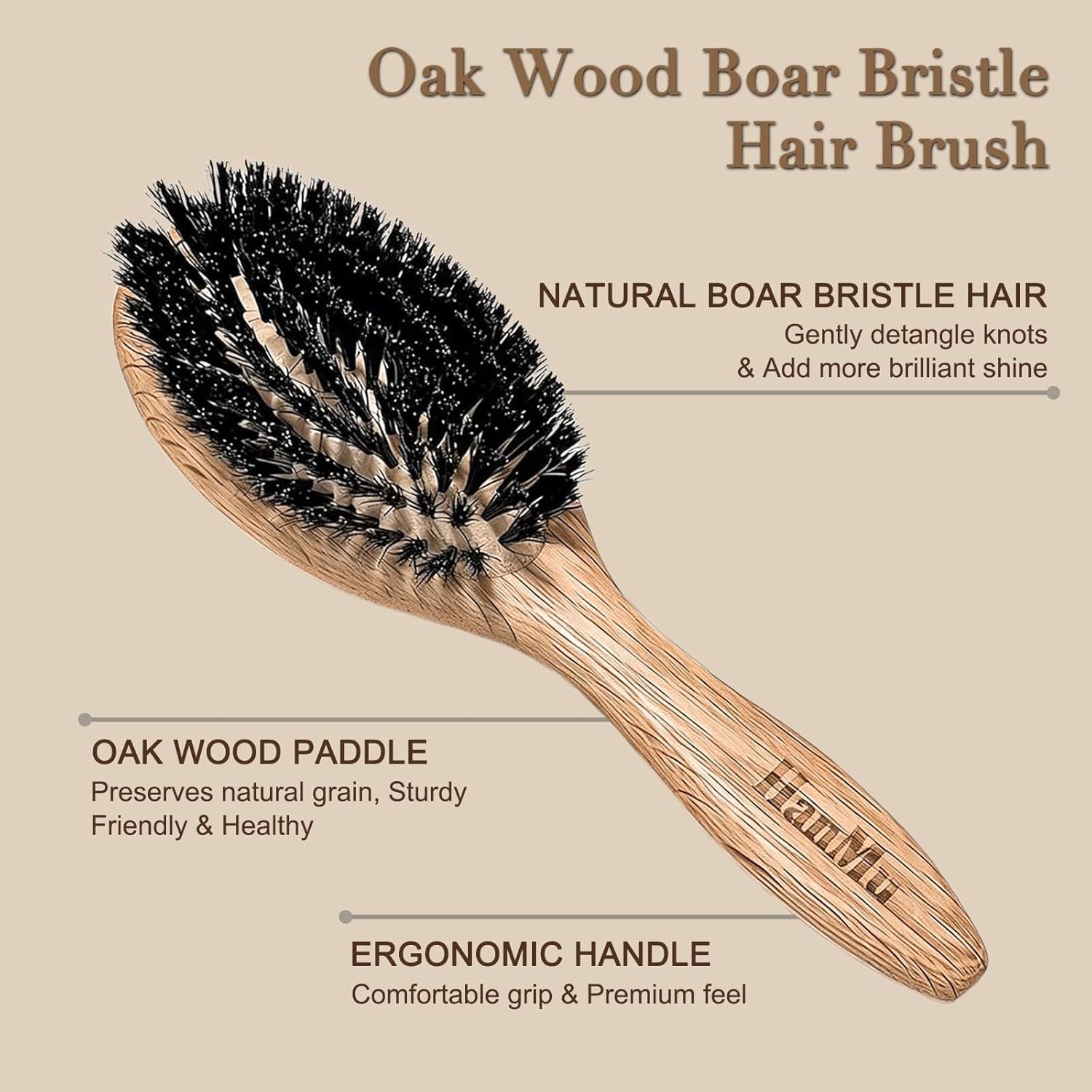 HANMU 100% Soft Boar Bristle Hair Brush Set, Oak Wood Handle Hair Brush & Plastic Wide-Tooth Detangling Comb, For Women, Men & Kids, Fine Thin Straight Hair, Smooths Shine Boost & Scalp Care