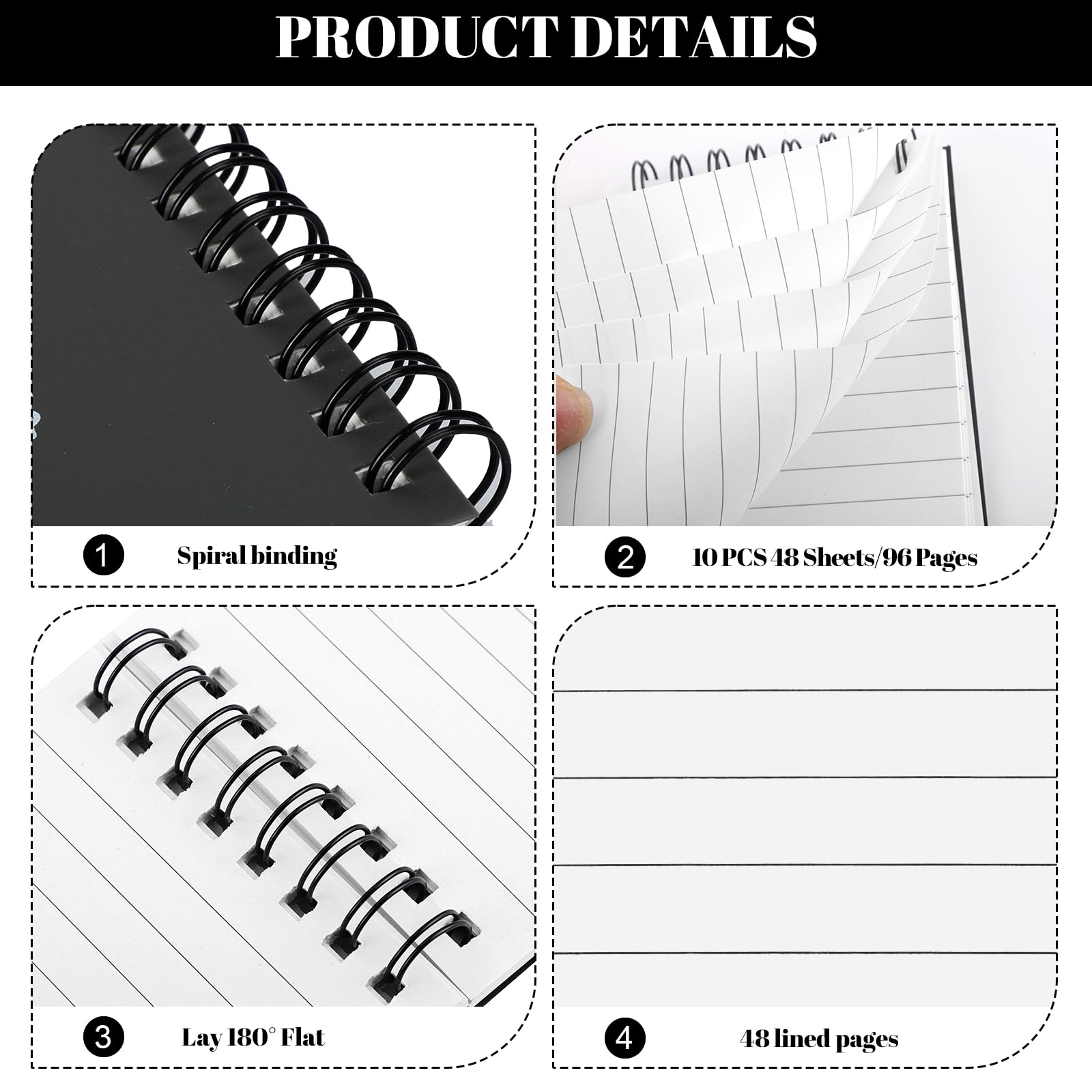 BESARME 10 blocs de notas pequeños de 3 x 5 pulgadas, cuaderno de bolsillo en espiral a granel negro a granel, bloc de notas a rayas para hombres, estudiantes, regalo de vuelta a la escuela
