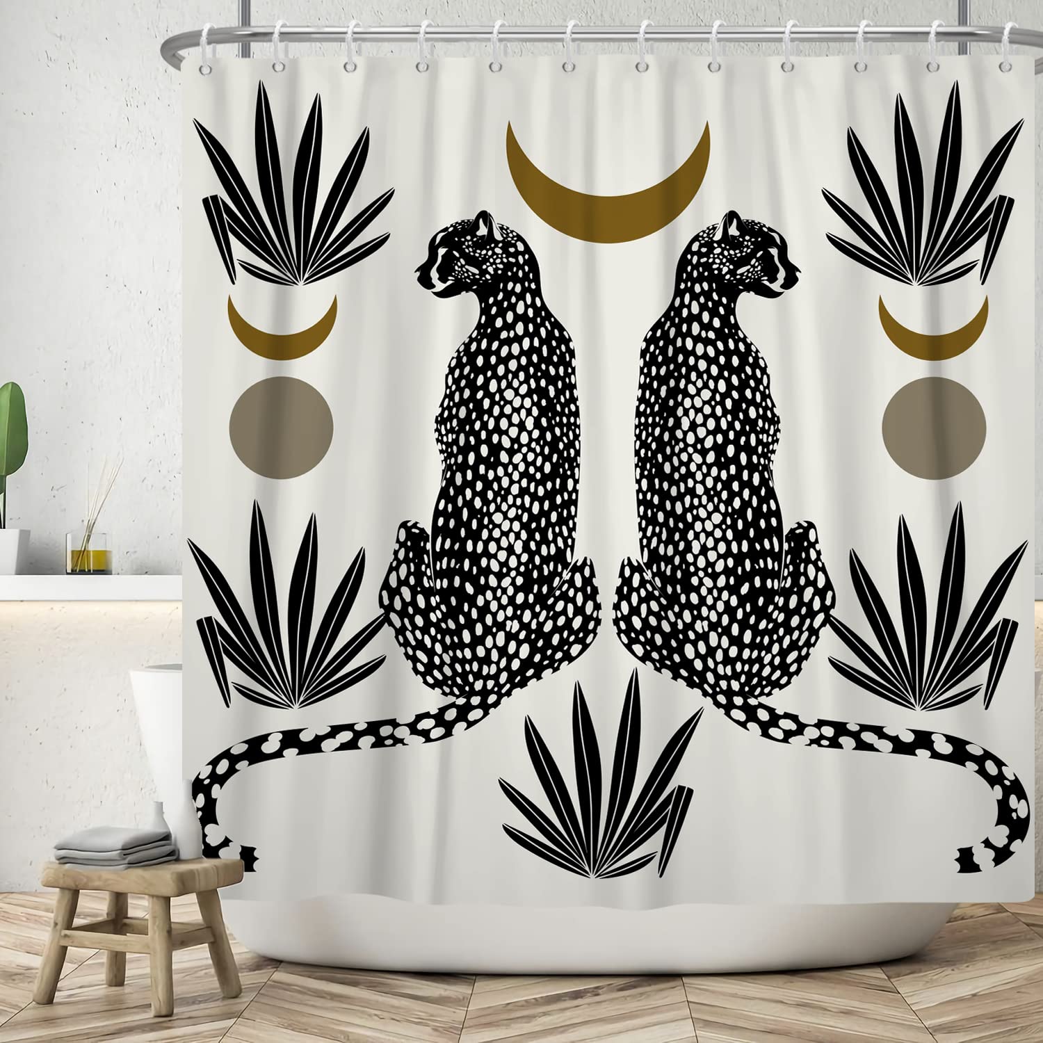 Ttincceer 183x188cm Black Leopard Shower Curtain Abstract Mid Century Animal Shower Curtains with Hooks Boho Palm Leaf Abstract Moon Bath Curtain Waterproof Batheoom Decorations Supplies — image 1