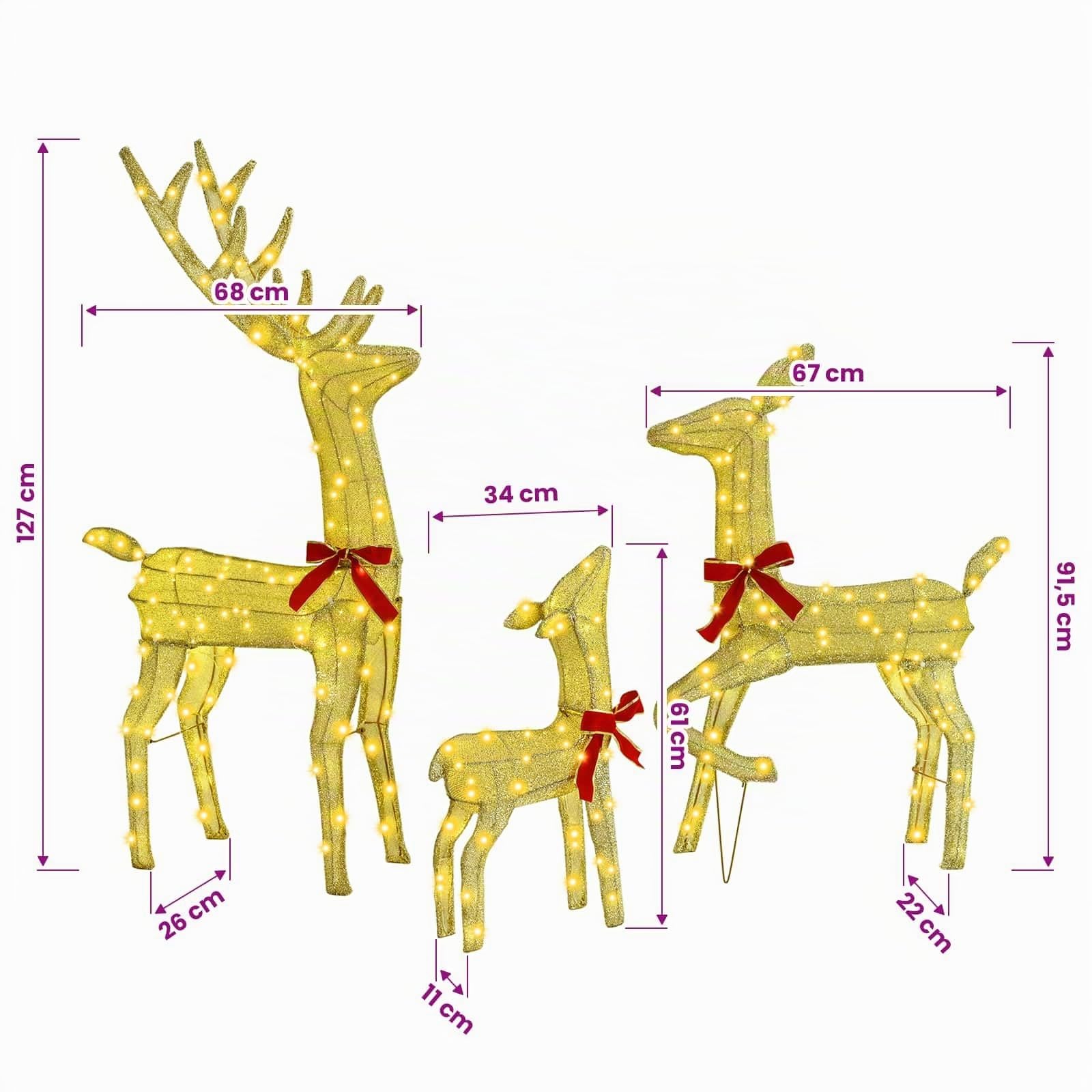 vidaXL Familia de Renos con 300 LED 3 pcs cálido 68 x 26 x 127 cm Tela, Sala, decoración Moderna de Renos, Figuras navideñas, luz USB, Adornos Festivos para tu hogar
