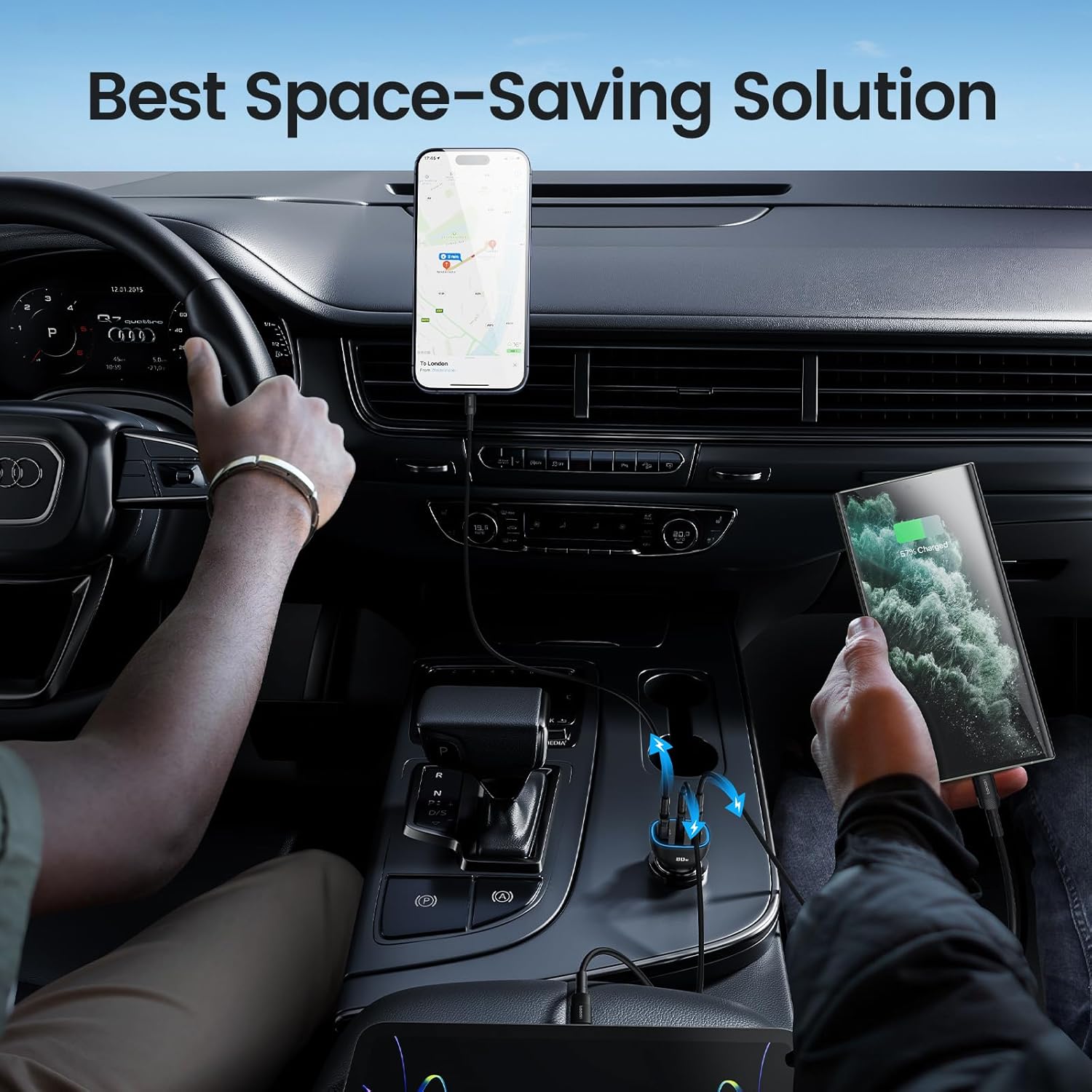 toocki 80W USB C Car Charger inserted into a car's cigarette lighter socket, showing its compact size and illuminated LED ring