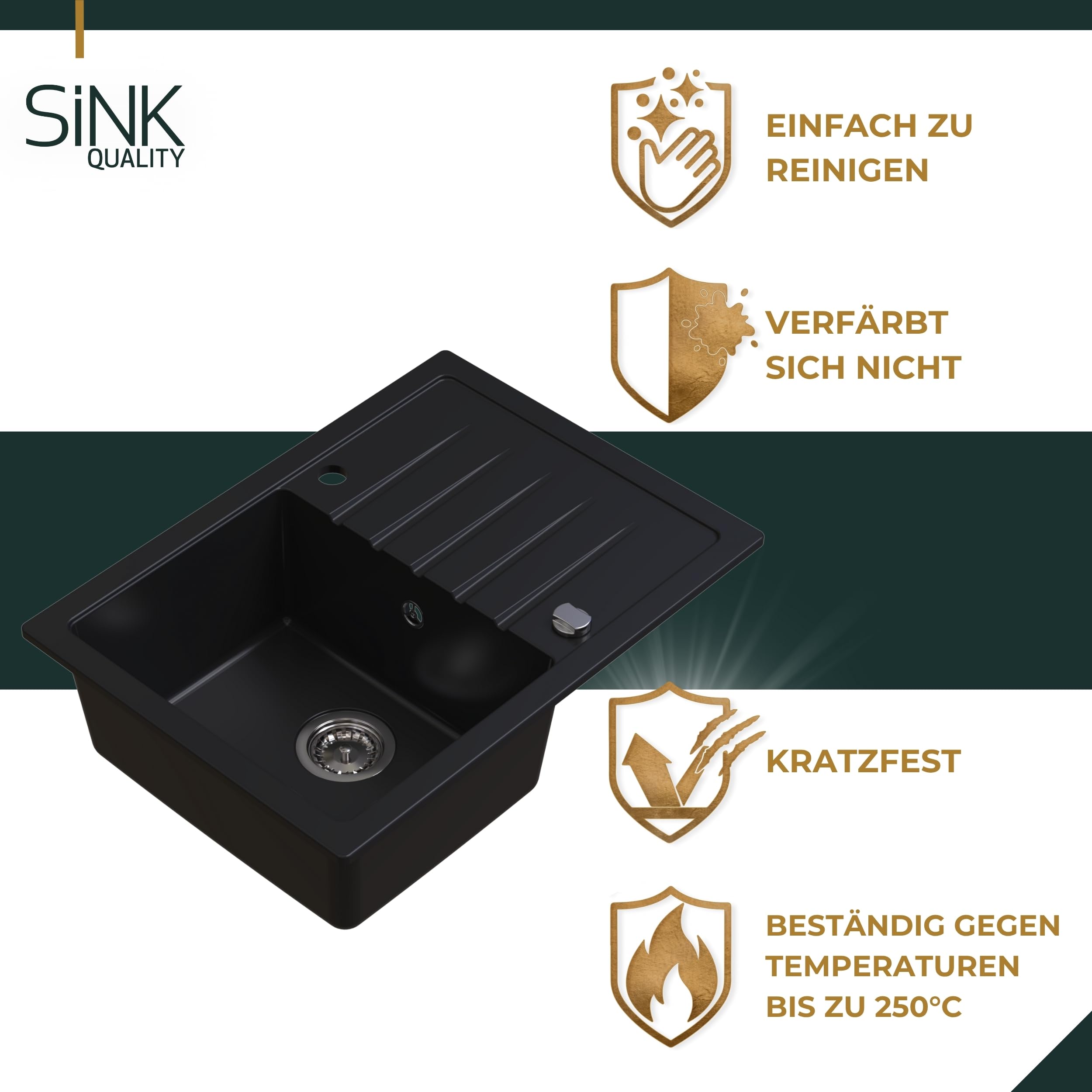 SINK Quality zlewozmywak szary z zestawem armatury 68 x 49,5 cm – zlewozmywak z kranem, syfonem Push i środkiem impregnującym – kompletny zestaw do szafki pod umywalkę z 45