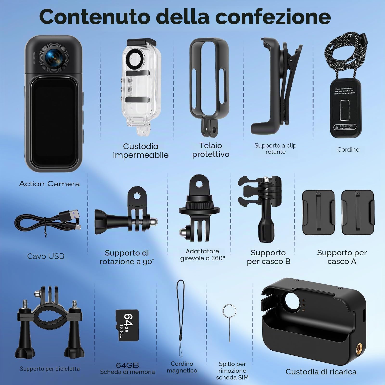 Mini Action Cam WiFi 1080P, 360°, 64 GB, fotocamera sportiva HD con obiettivo girevole a 180°, touch screen, POV a mani libere, fotocamera subacquea impermeabile fino a 30 m, fotocamera per casco e