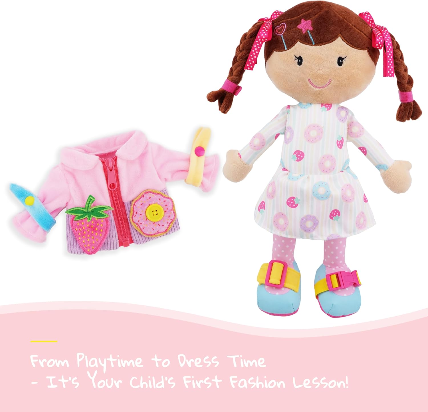 June Garden Personalized Dressy Friends Daisy – Custom Name Plush Doll for Toddlers – Montessori Learn-to-Dress Soft Toy with Buckles, Zipper & Ties – Educational Gift for Girls & Boys Age 2+