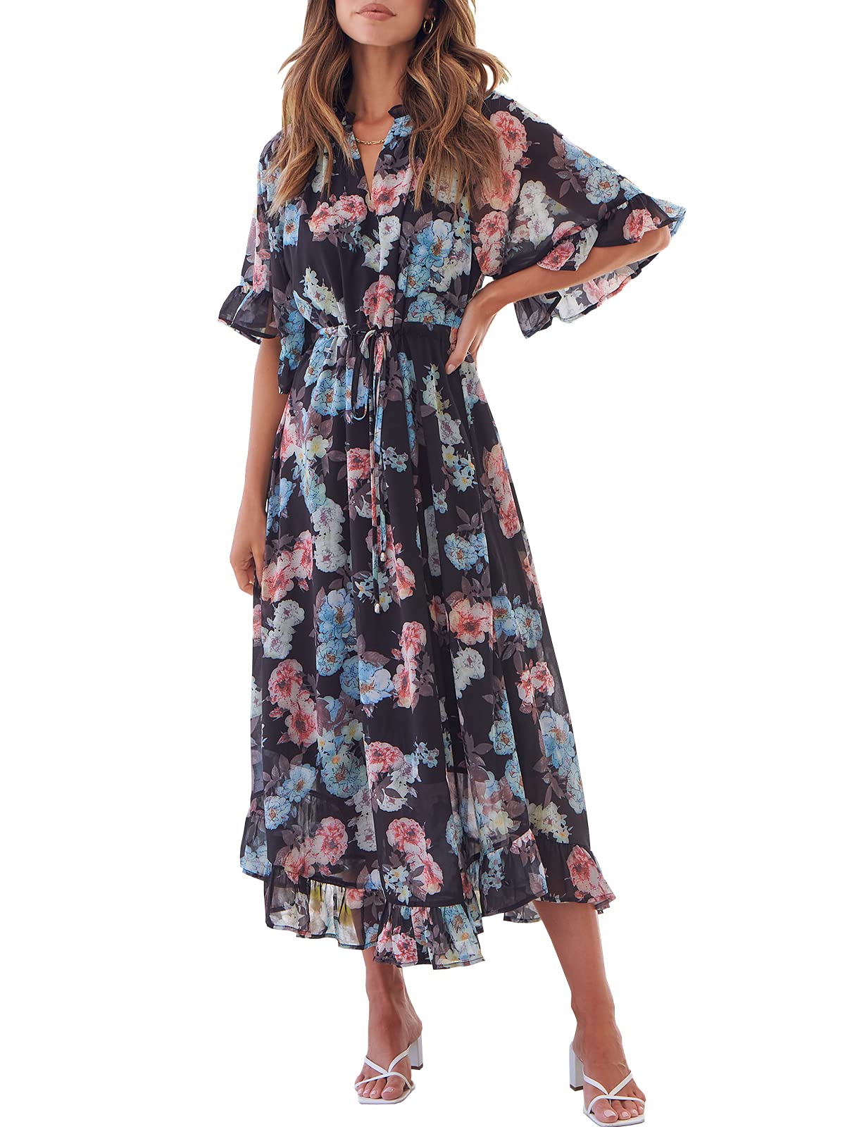 ANRABESSWomen's Summer Ruffle Maxi Dress Floral Print 3/4 Bell Sleeve V Neck High Waist Flowy Boho Long Dress