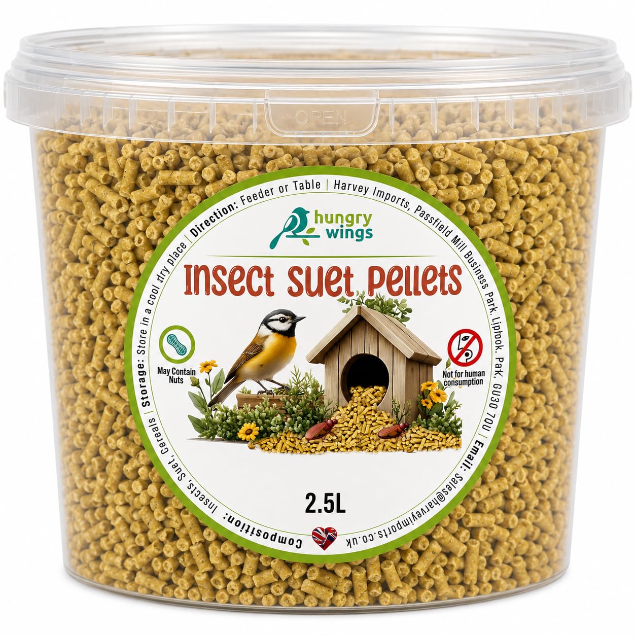 Hungry Wings Premium Suet Pellets Wild Bird Food – 2.5L Tub – High Energy Berry, Insect, Mealworm & Mixed Flavours (2.5L Tub, Insect)