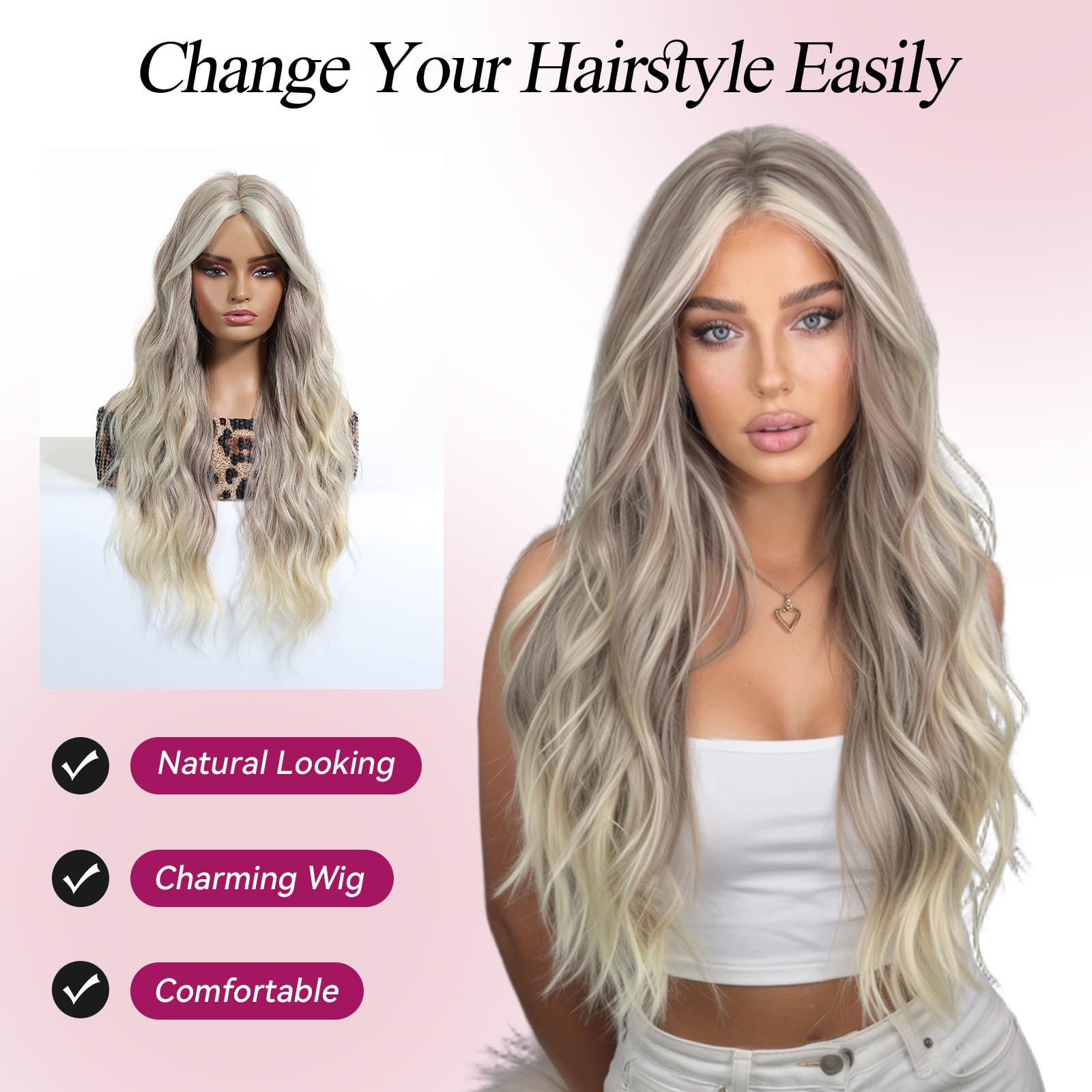 EMMOR Damen Lange Wellenperücke, Geschichtete Lockenperücke mit Mittelscheitel, 26 inches natürliche hitzebeständige synthetische Haare(Blonde & Grau Perücke)