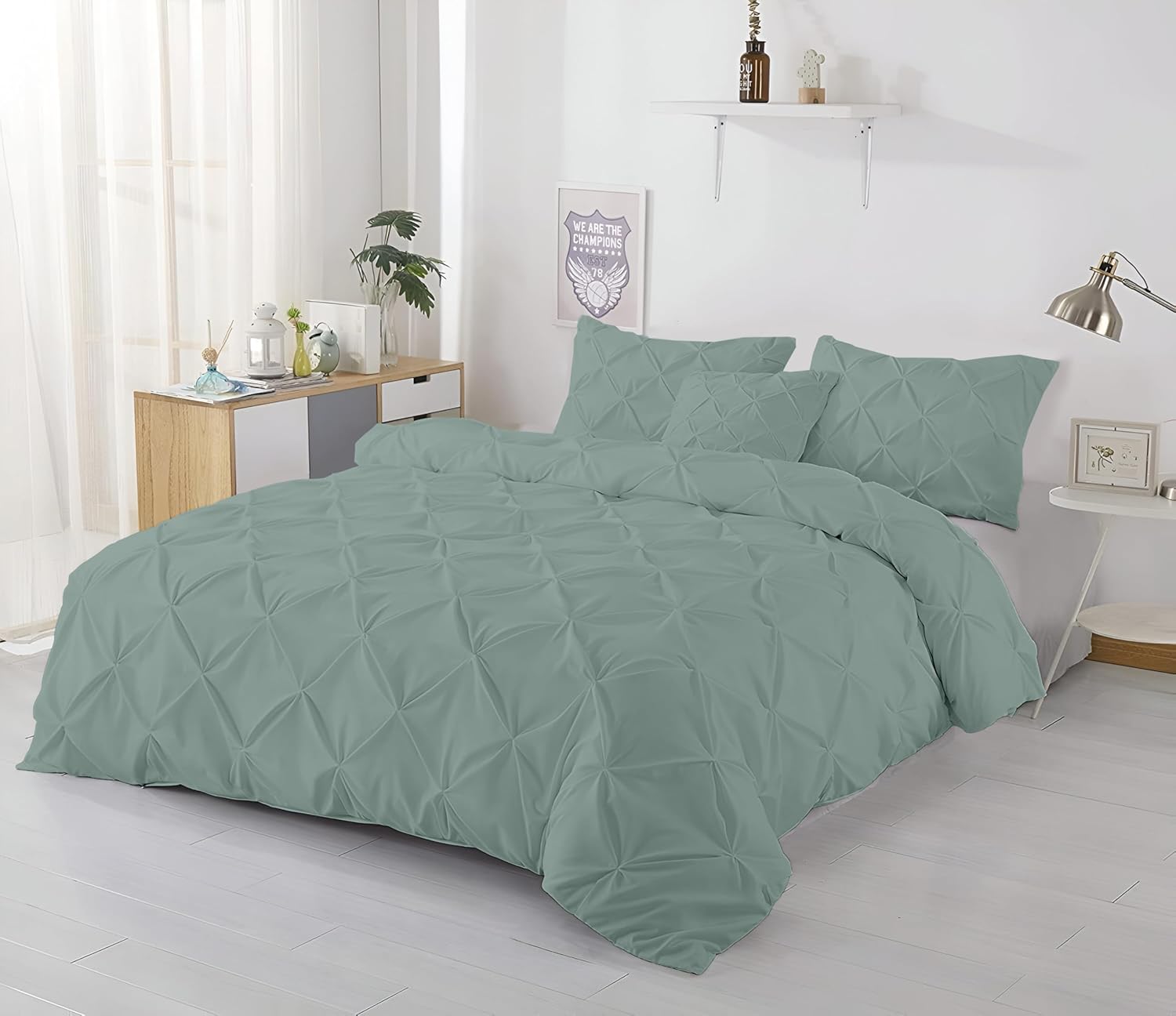 Kotton Culture 3 Pc Queen/Full Size Pinch Pleated - Pintuck Duvet Cover Set - 100% Egyptian Cotton 600 Thread Count Decorative Comforter Cover-Zipper Closure & 7 Internal Ties (Aqua Green, 90" X 90")