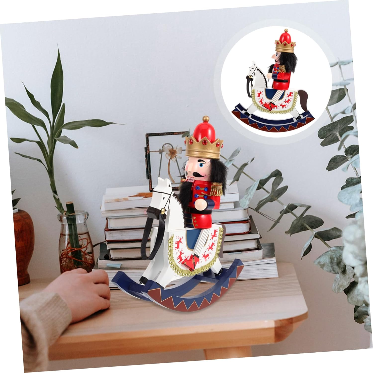 Cabilock Wooden Nutcracker Soldier with Horse Xmas Tabletop Ornament Festive Christmas Decoration for Home Office Desk Display