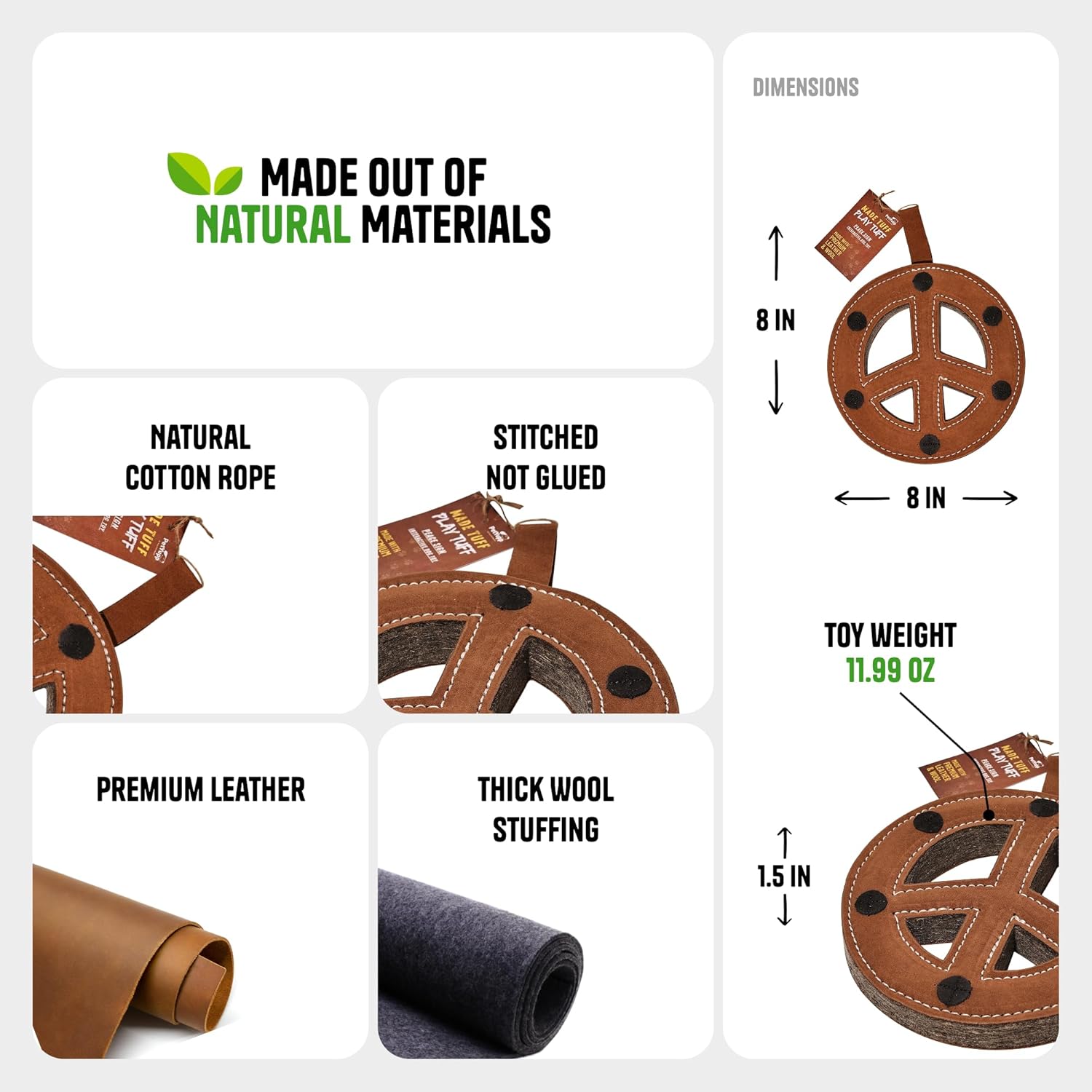 Peace Sign Leather Dog Toy for Aggressive Chewers - Extra Thick Wool, Stitched & Real Leather Dog Toy for Small, Medium & Large Dogs - Durable & Safe Chew Toys for Puppies