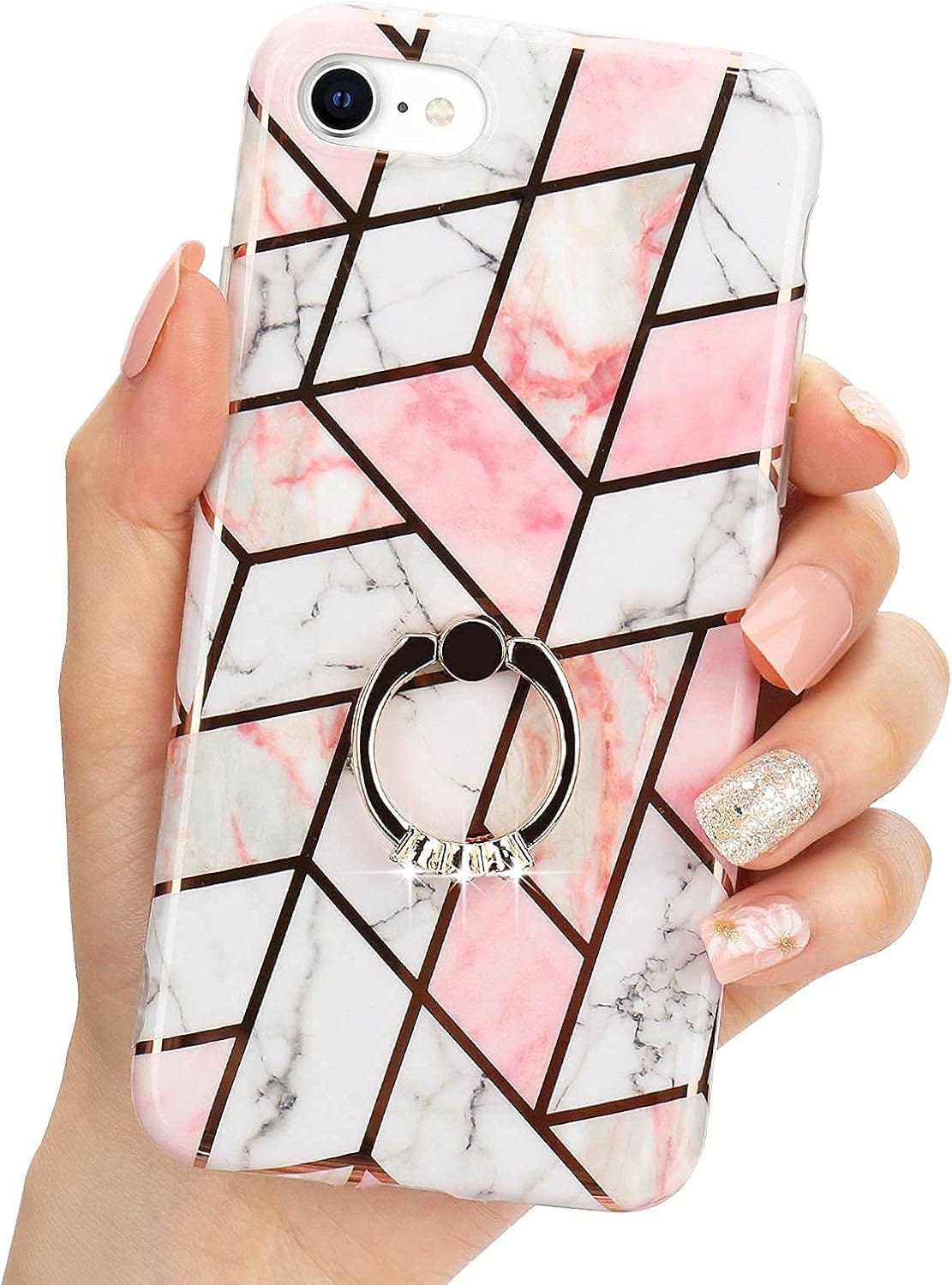 L Fadnut For Iphone 7 Plus Case Iphone 8 Plus Case Marble With Ring Holder Stand Cool Design Pattern Girls Women Silicone Shockproof Ring Phone Case For Iphone 7 Plus 8 Plus White