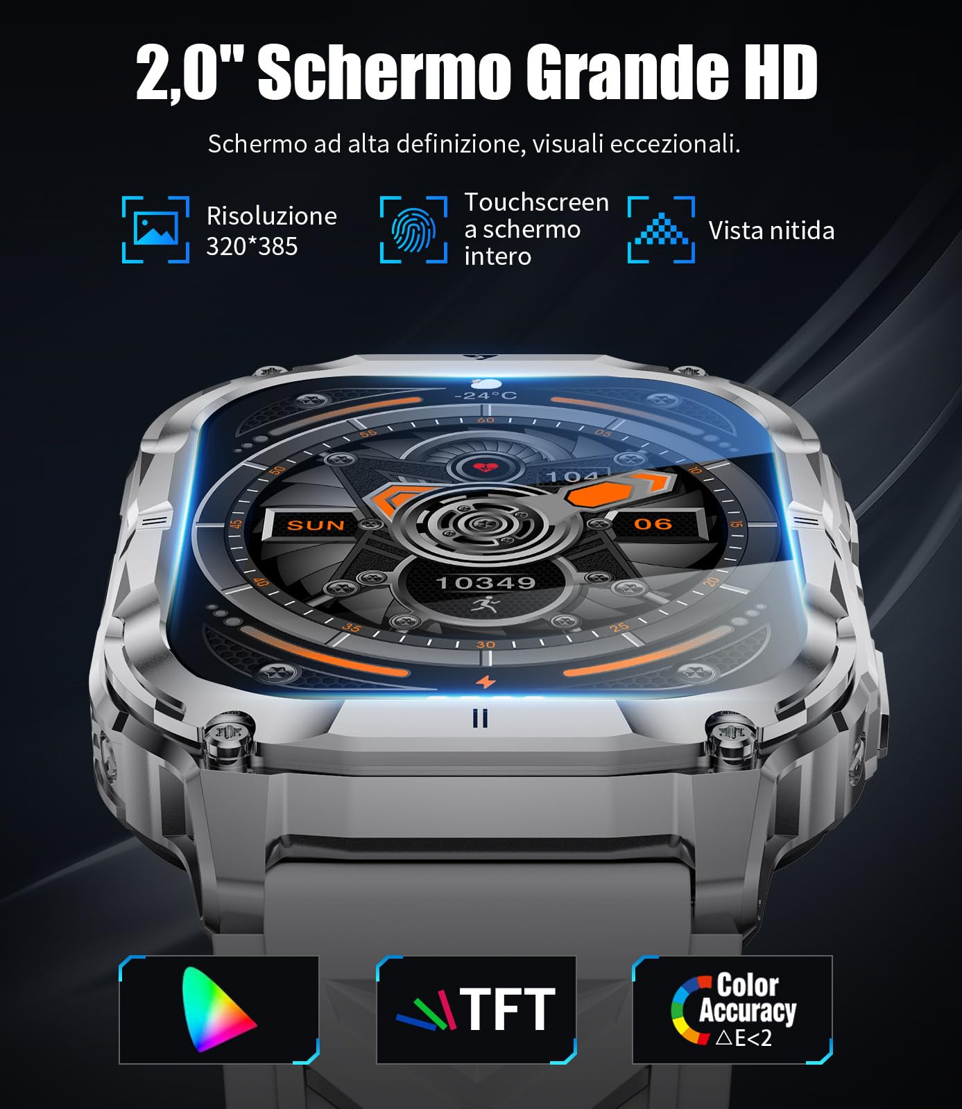 BENYAR SMART Smartwatch Uomo Militare 2.0" con Chiamate Bluetooth, 1000mAh, Torcia LED, 100+ Modalità Sportive, Monitoraggio della salute, IP68 Impermeabile, 3 Cinturini per Android iOS, Silicone