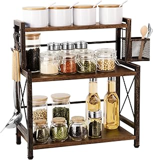 Venloup Lazy Susan Spice Rack Organizer with Wire Basket, 3-Tier Counter Shelf, Desktop Organizer with Engineered Wood, fo...