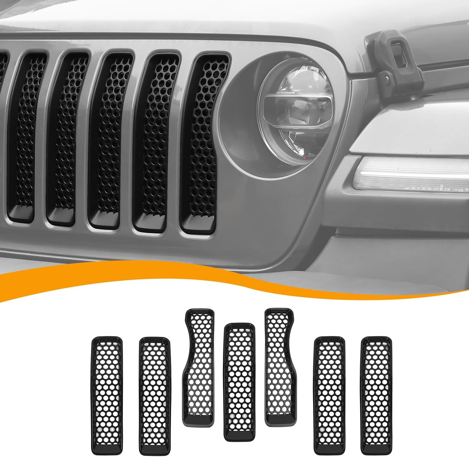 Hoolcar Front Grill Insert Cover Trim Kit Compatible with Jeep Wrangler JL JLU 2018-2024 2025 Front Honeycomb Grille Cover Guard Exterior Accessories, Black, 7 PCs