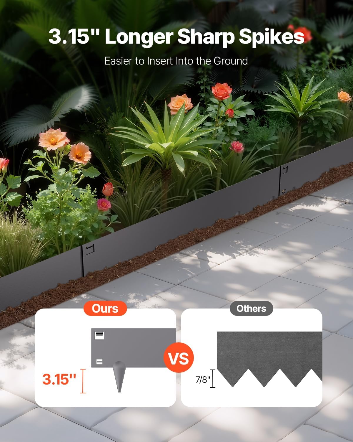 Comparison of VEVOR edging spikes versus other brands, showing longer spikes.