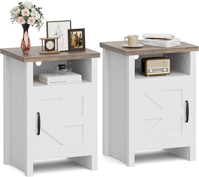 JUMMICO Farmhouse Nightstand, Modern Bedside Table with Barn Door and Shelf, Rustic End Table Side Table for Bedroom, Living Room (2, White)