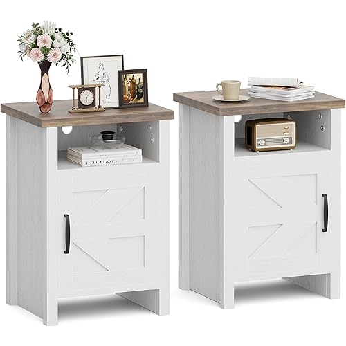 JUMMICO Farmhouse Nightstand, Modern Bedside Table with Barn Door and Shelf, Rustic End Table Side Table for Bedroom, Living Room (2, White)