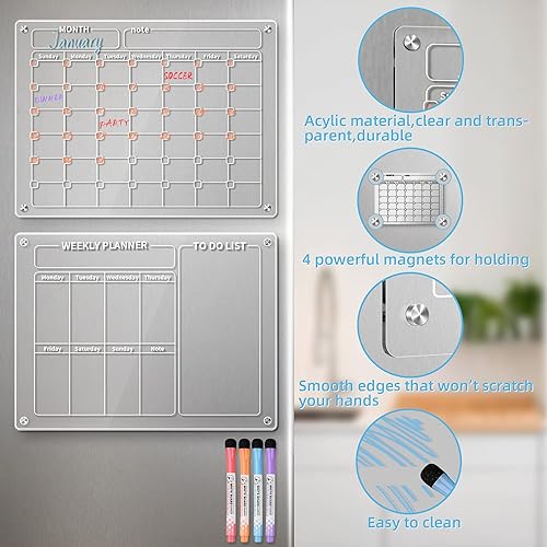 Miniatura 4 de GOLIFE Calendario acrílico magnético para refrigerador, calendario de pizarra de borrado en seco para refrigerador, planificador reutilizable,