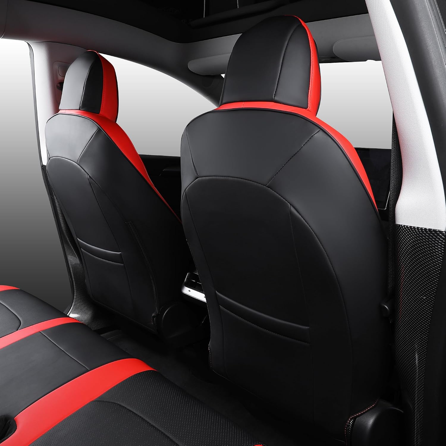 Suitable for Tesla Model Y Seat Covers, Waterproof Faux Leather Car Seat Covers Full Set for Tesla Model Y 2020 2021 2022 2023 2024 (Black+Red)