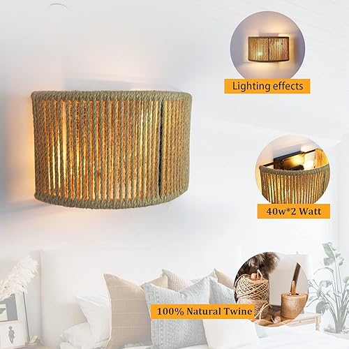 Miniatura 7 de Apliques de pared rústicos con apliques de cuerda de cáñamo, apliques de pared de granja, apliques de pared de ratán, luz de baño, lámpara de pared