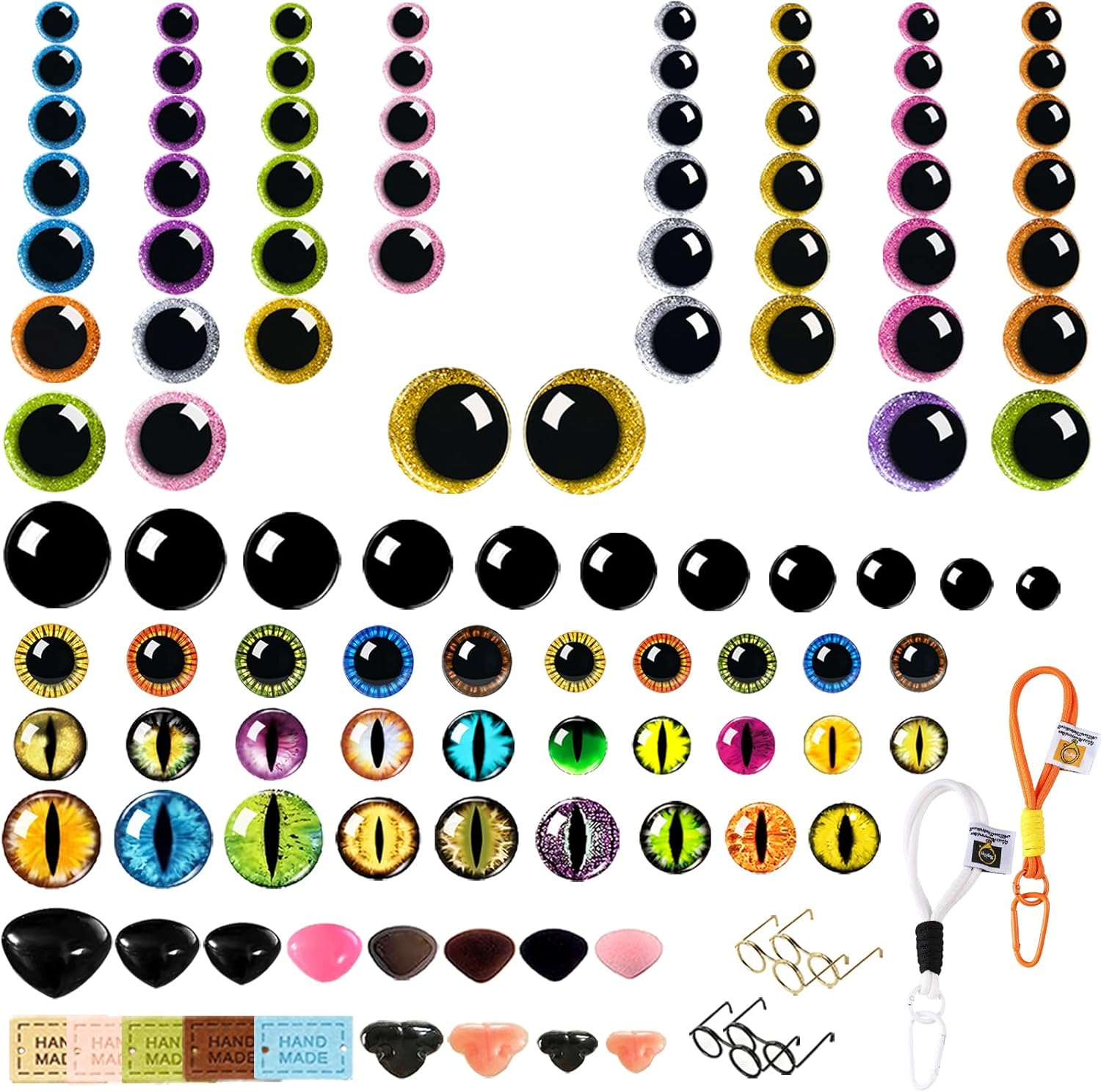SUJERAN 523Pcs Eyes for Crochet Animals Kit, 10-35mm Crochet Eyes with 5 Styles 3D Dome/Shiny/Colorful/Black Amigurumi Eyes, Noses/Glasses Frames/Tags for Amigurumi DIY Projects