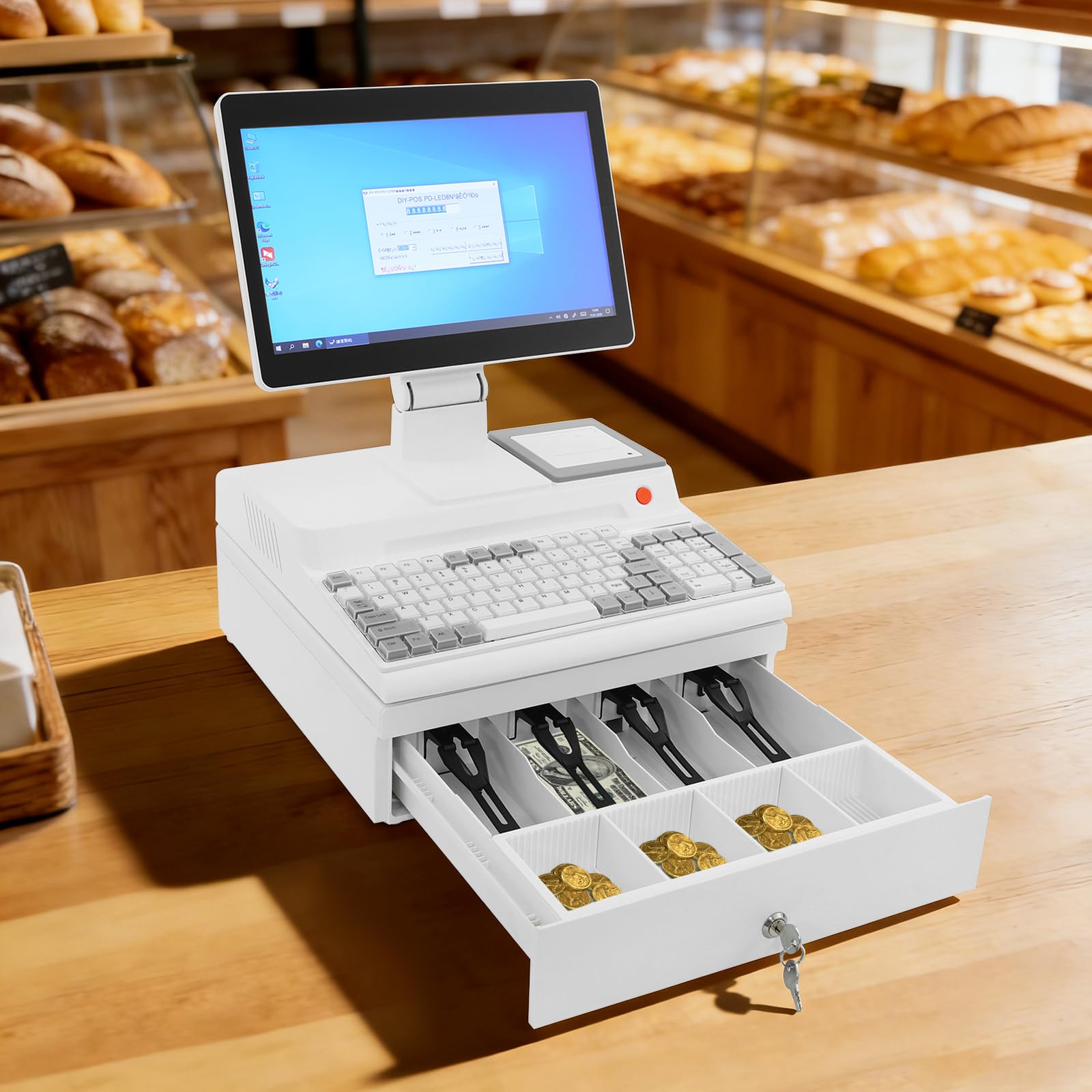 Caja registradora electrónica con pantalla táctil e impresora de recibos para caja registradora | POS con pantalla táctil LCD de 14 pulgadas, pantalla LED para clientes e impresora integrada para pequeñas empresas
