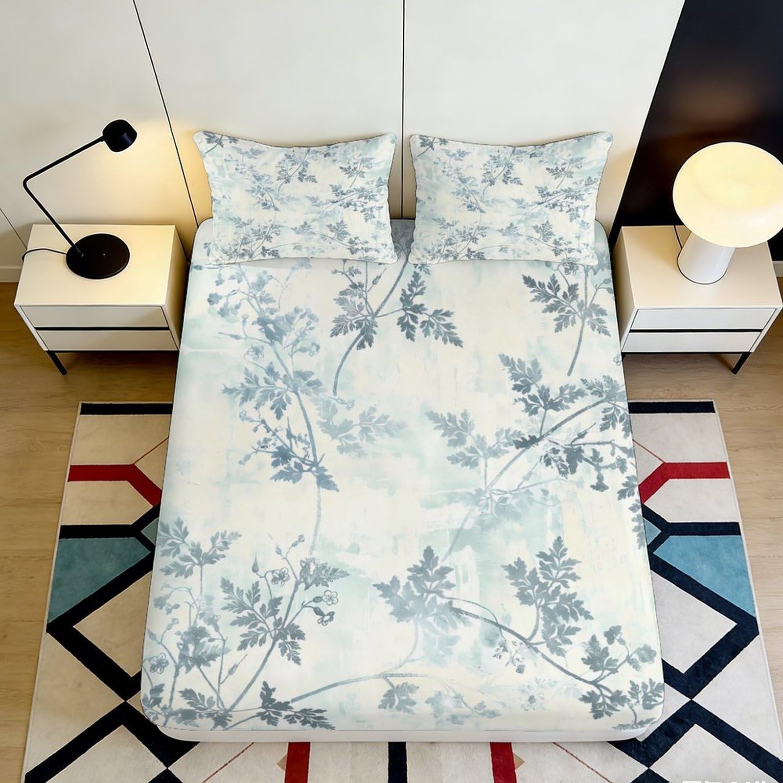 3D Printed Blue Leaf Fitted Sheet, Soft Touch Microfiber Bed Cover, Wrinkle Resistant, Home Decor, Apartment Bedding, Easy Care, Bedroom Accent, Double Size 90x200x25cm