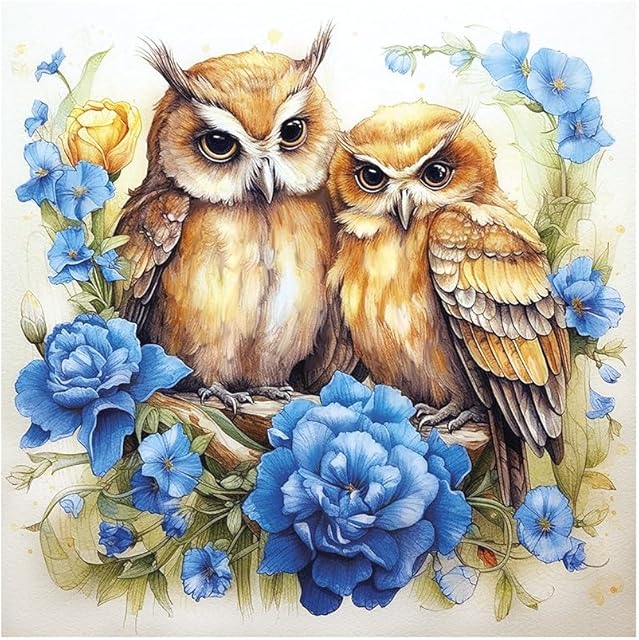 Ideen mit Herz Obraz diamentowy 5D, zestaw do malowania diamentami, motyw: 30 x 30 cm, płótno: 35 x 35 cm, DIY, diamenciki, w zestawie akcesoria, różne wzory (sowy w kwiatach)