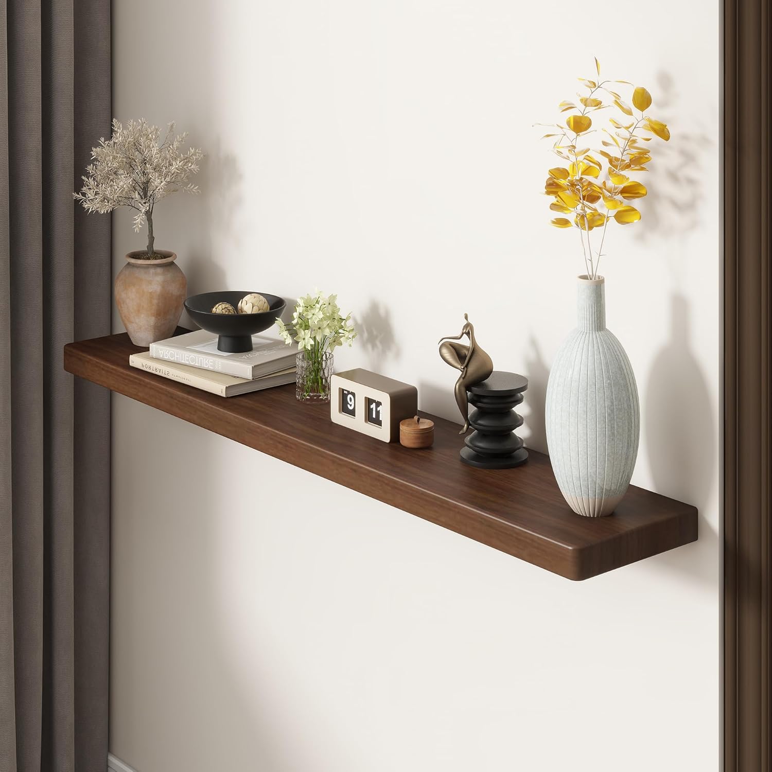 48" rustic walnut wood floating shelves, 8 inch deep wall shelves for home decor, wall mounted floating shelf with invisible bracket, heavy-duty storagefor living room, bedroom, kitchen, set of 1 usa-sourced walnut wood 48"w x 8"d