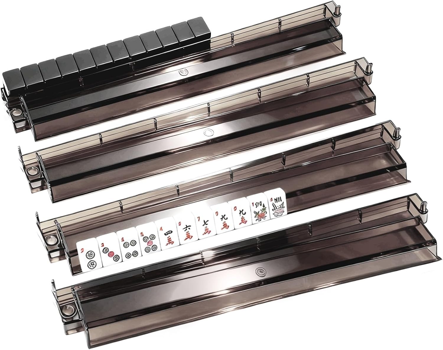 4PCS Mahjong Racks with Pushers, All-in-One Mahjong Tile Pushers and Racks, Modern American Mahjong Accessories Perfect for Family Gatherings and Holiday Parties(Black)