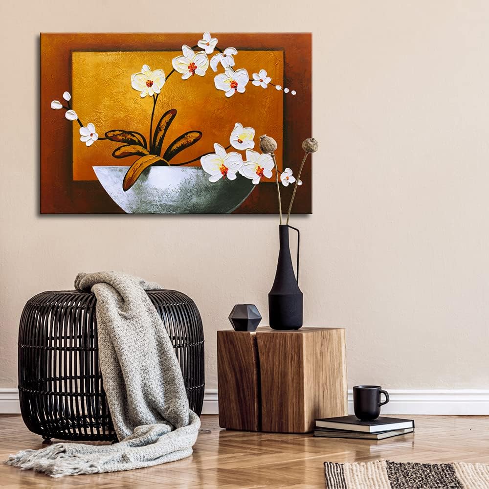 Wieco Art Orchid Floral Oil Paintings on Canvas Wall Art Ready to Hang for Living Room Bedroom Home Decorations Modern 100% Hand Painted Modern Stretched and Framed Abstract Pretty Flower Art Work