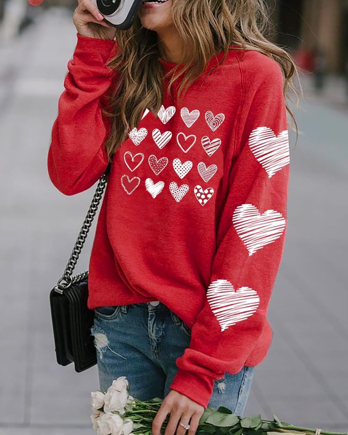LLHXRUI Valentine's Sweatshirt for Women Cute Heart Love Shirt Graphic Tees Raglan Long Sleeve Pullover Tops - Image 3