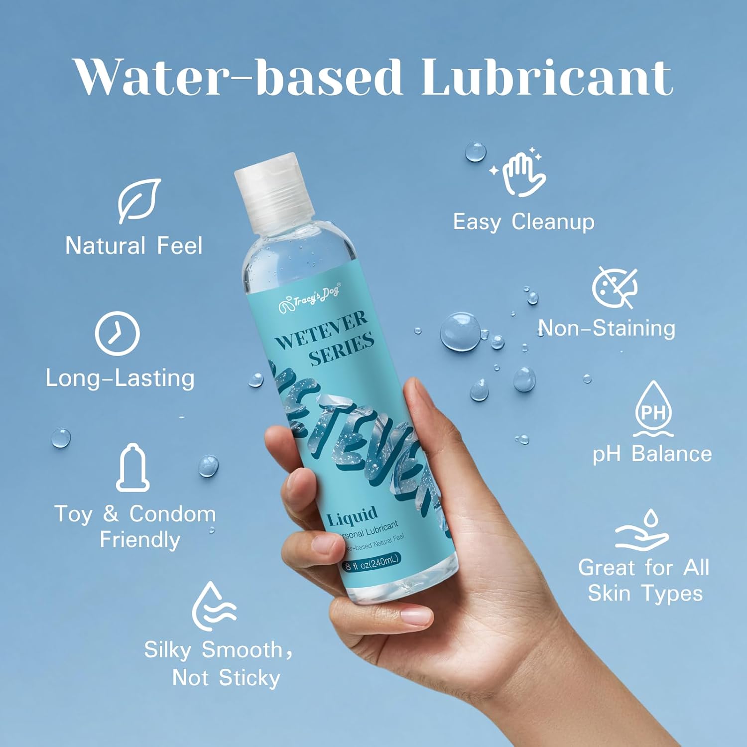 Tracy's Dog Liquid Water Based Lube, Natural Feeling Personal Lubricant for Men, Women & Couples, Non-Staining, Easy Clean-Up, Toy & Condom Compatible, 8 Fl Oz