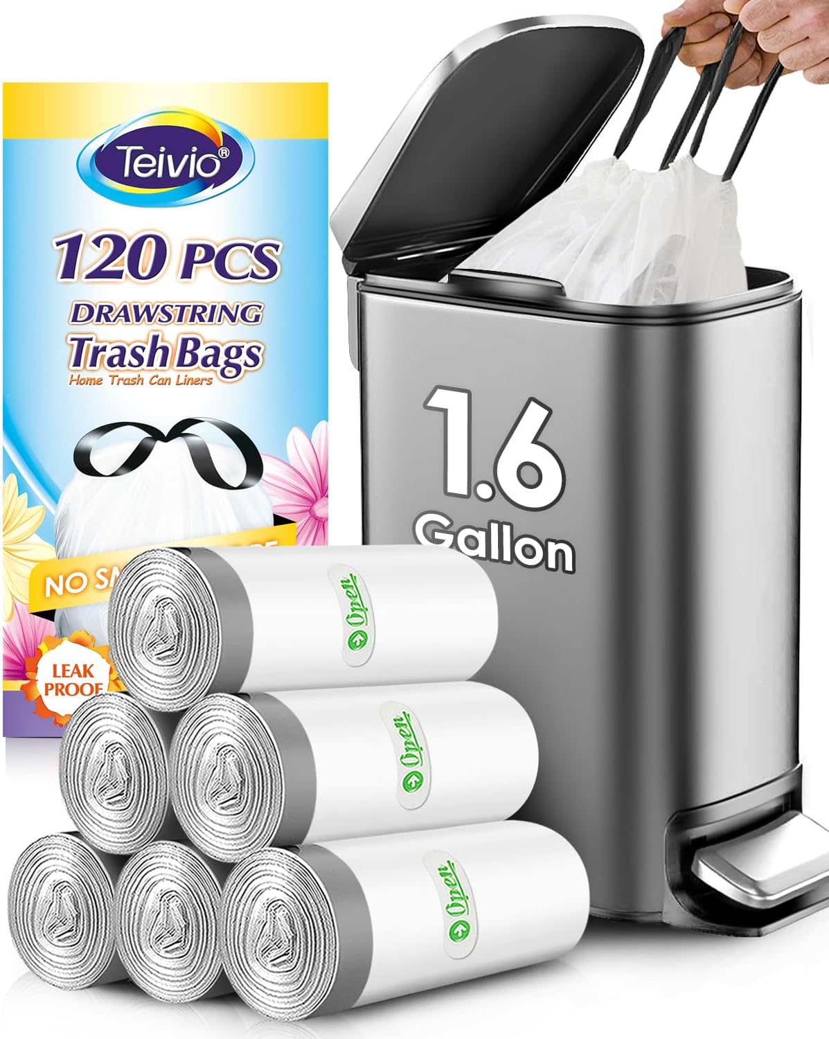 Teivio 1.6 Gallon 120 Counts Strong Drawstring Trash Bags Garbage Bags, Small Bathroom Trash Can Liners, Plastic Waste Basket Liners for Home Office Kitche, White