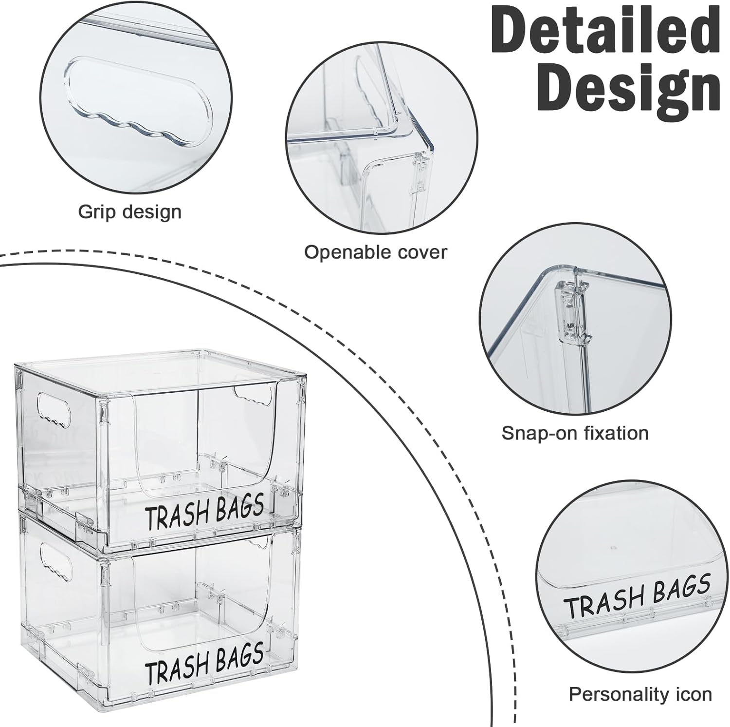 Trash Bag Holder Stand,Stackable Trash Bag Dispenser with Lids, Plastic Under Sink Organizers and Stackable Storage Box, Large Garbage Bags Dispenser for Kitchen, Pantry, Laundry Room
